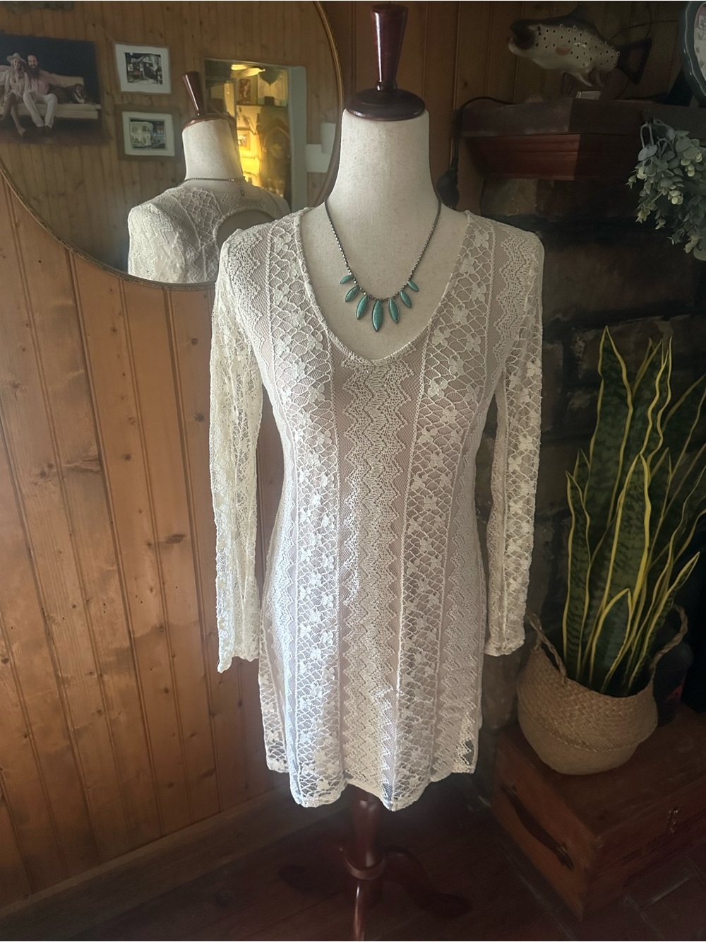 Sheer White Lace Long Sleeve Tunic Dress